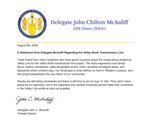 Senator Perry and Delegate McAuliff sent a letter to Valley Link requesting an extension on the comment period for the Valley North Transmission Line.