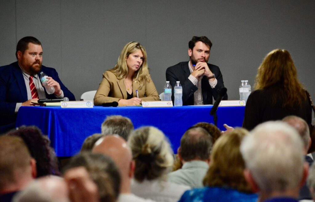 Elected officials hear residents testify against the Valley North transmission line at the Aug 31 Lovettsville listening session